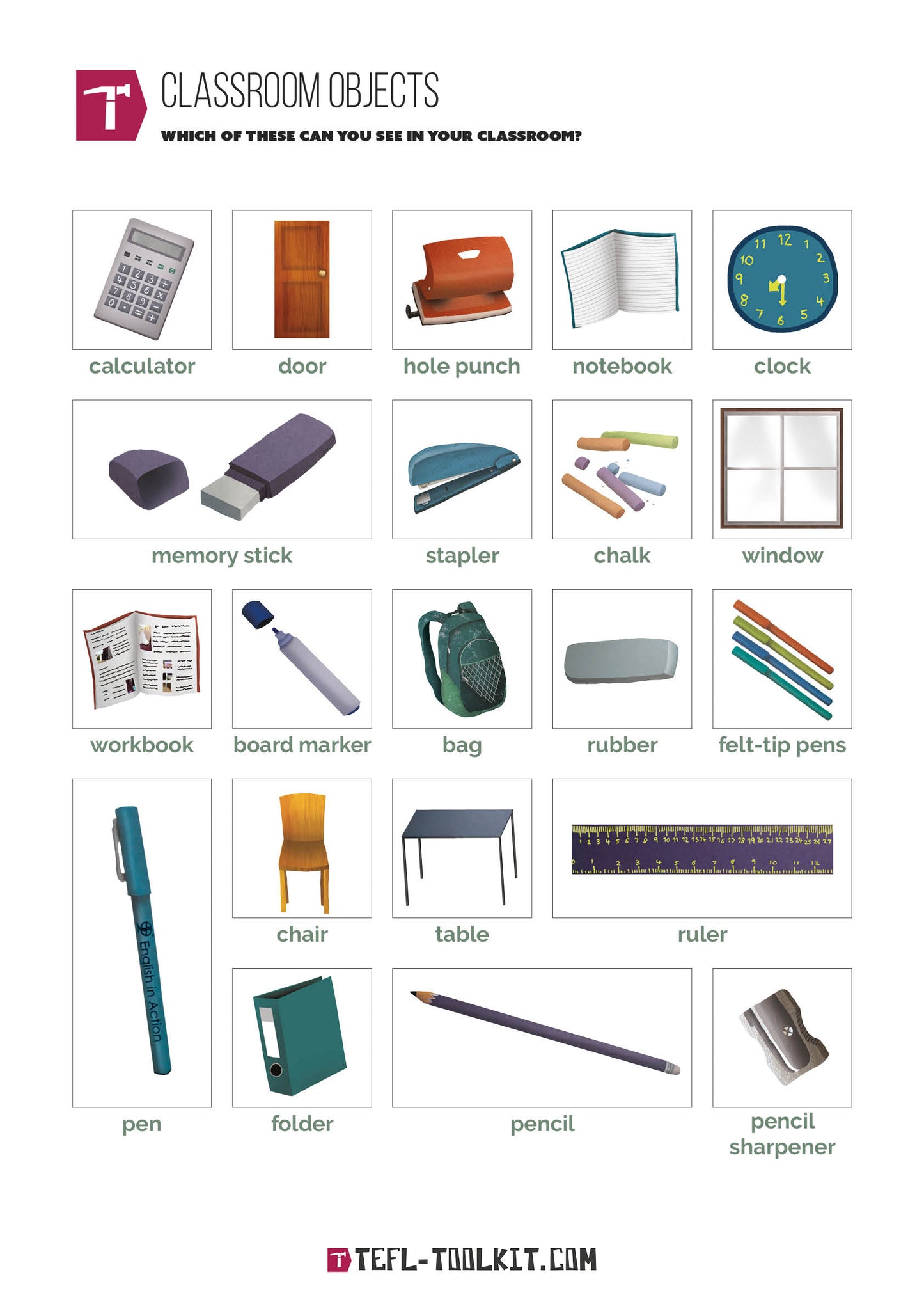 Classroom Objects | Virtual Worksheet and Poster - TEFL-Toolkit.com