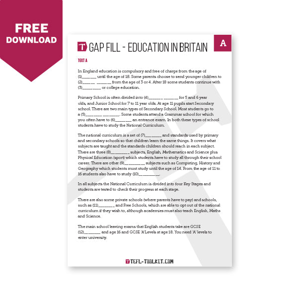 Education in Britain | Gap-Fill Worksheet | EFL Resource - TEFL-Toolkit.com