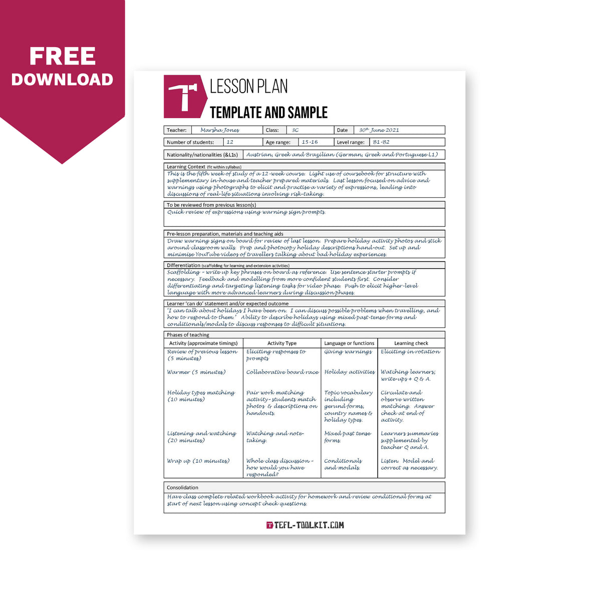 Foi Sample Lesson Plan Lesson Plan Template and Sample | EFL Resources | TEFL Toolkit – EiA Shop
