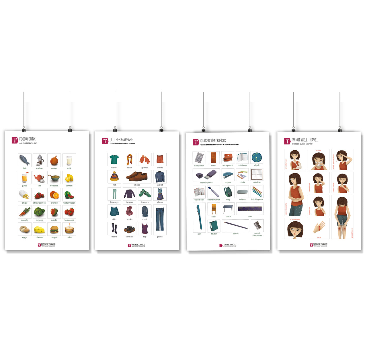 Food, Clothes, Classroom Objects and Illness Poster Set (x4) - Teacher-Toolkit.co.uk